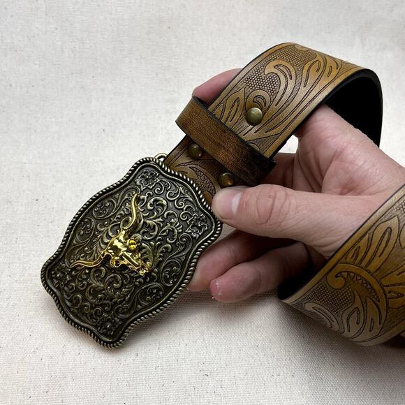 vintage style brown american western design belt - Picture 2 of 8